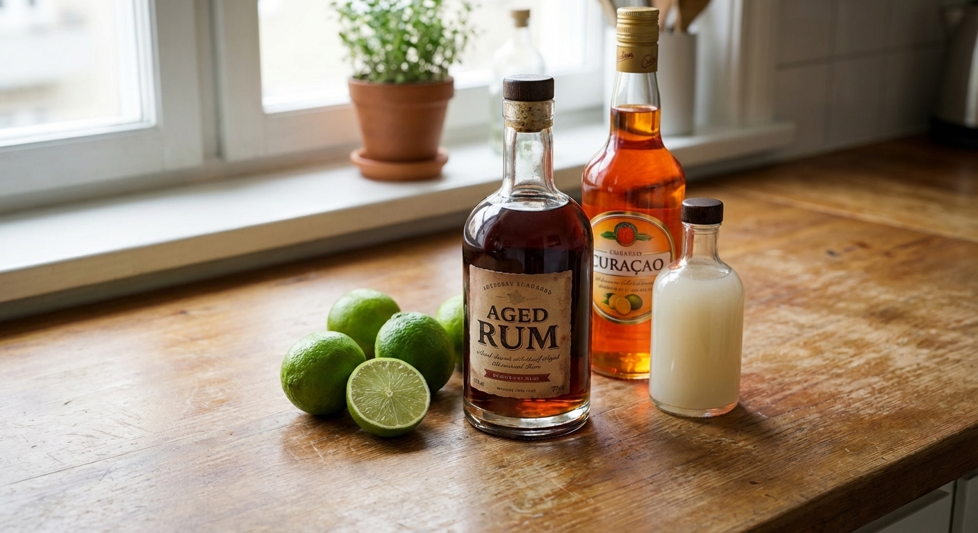 Aged rum, fresh limes, a bottle of orange curaçao, and a small bottle of orgeat syrup arranged on a wooden kitchen counter, natural window light, realistic photo