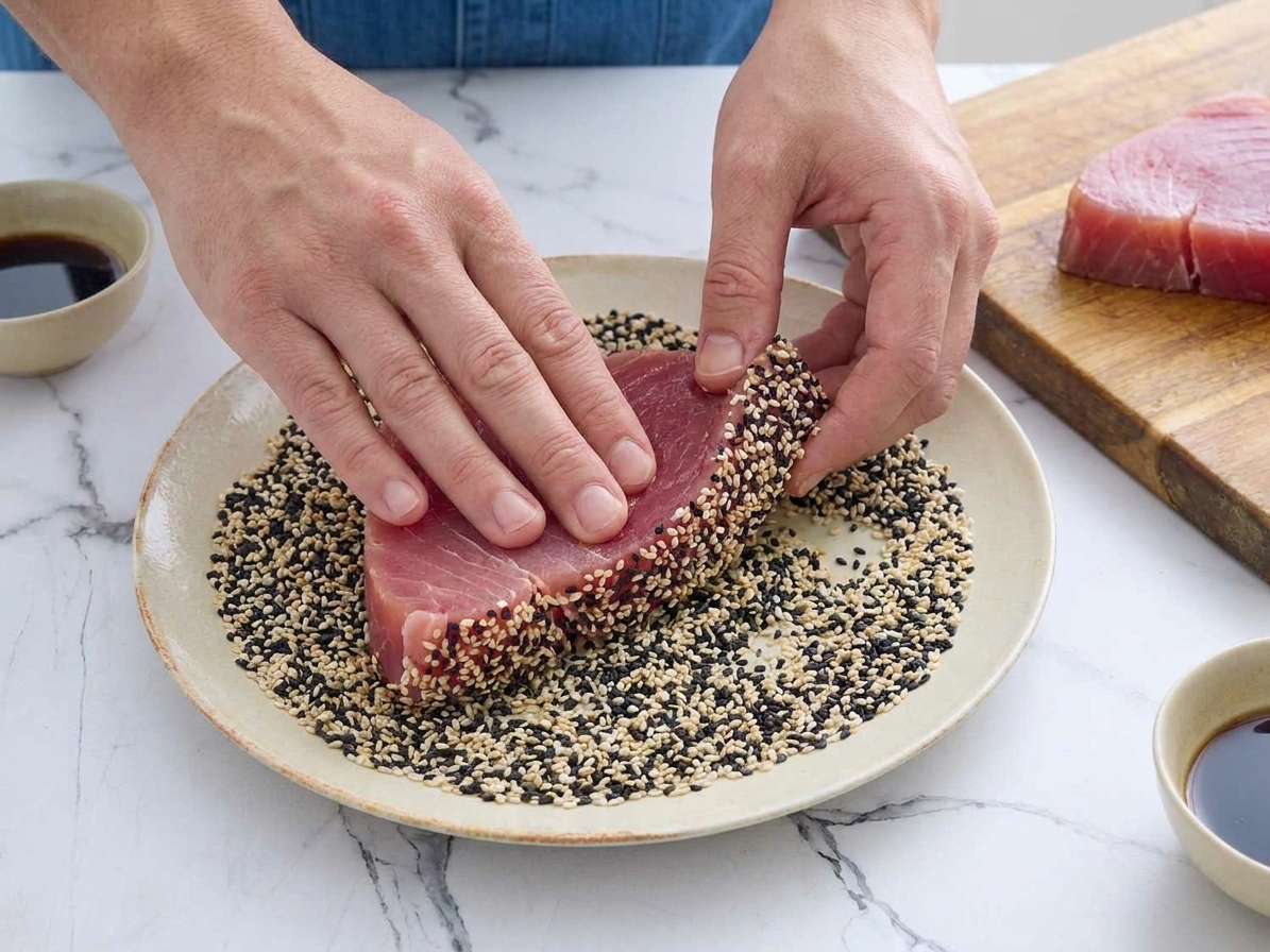 Ahi tuna steak being pressed into a plate of sesame seeds to form a crust on the surface