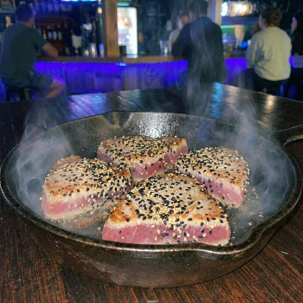 Ahi tuna steaks searing in a hot cast iron skillet with sesame seeds