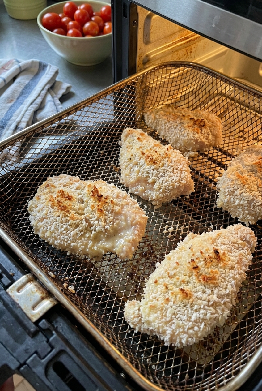 Air fryer basket filled with breaded chicken cutlets mid-cook, lightly browned