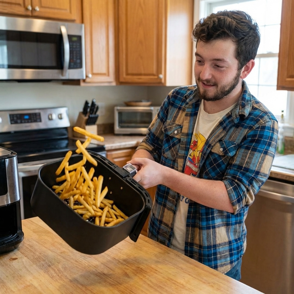 Air fryer basket filled with golden fries being shaken over a kitchen counter