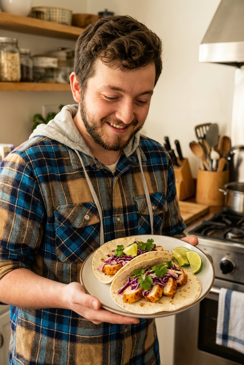 Air fryer chicken breast sliced and served in warm tortillas with cabbage slaw and lime