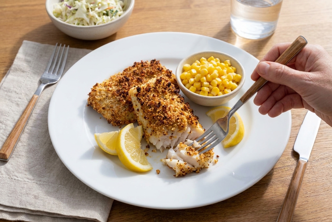 Air fryer cod served on a plate with lemon wedges and a simple side dish at a dinner table setting