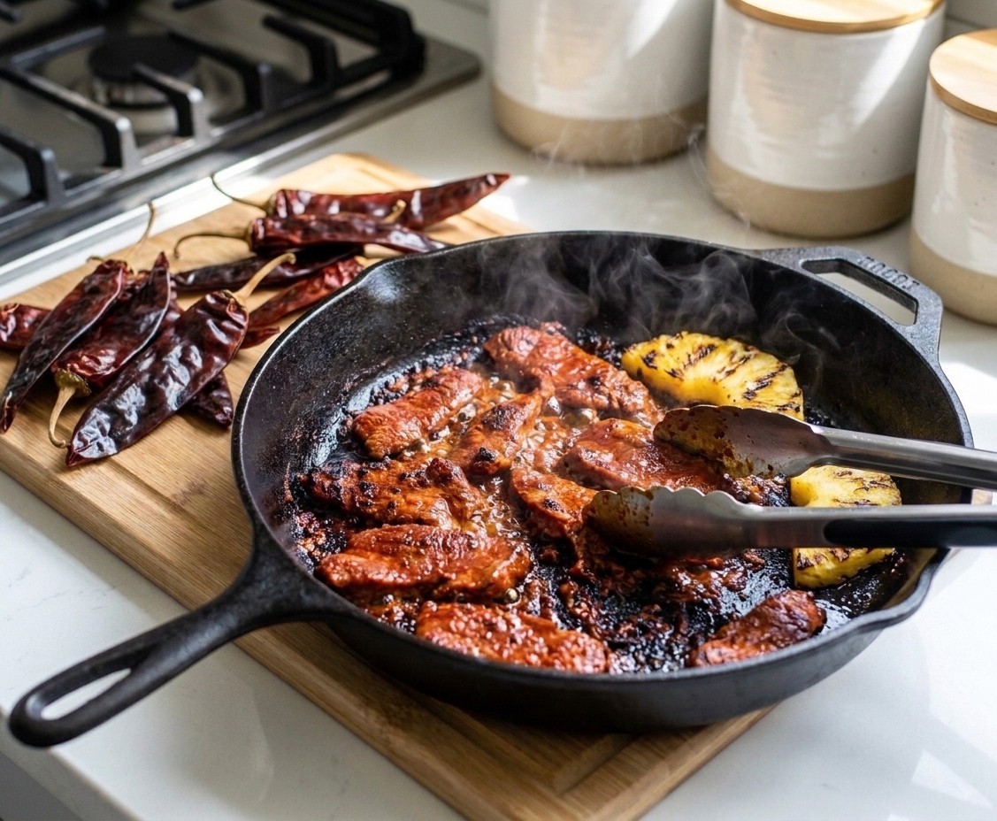 Al pastor marinated pork searing in a hot cast iron skillet with caramelized edges forming
