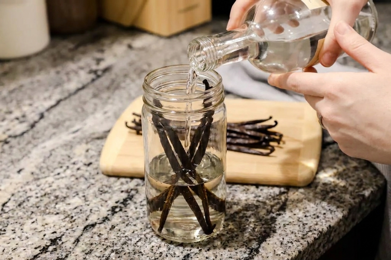 Alcohol being poured into a glass jar filled with vanilla beans on a kitchen counter