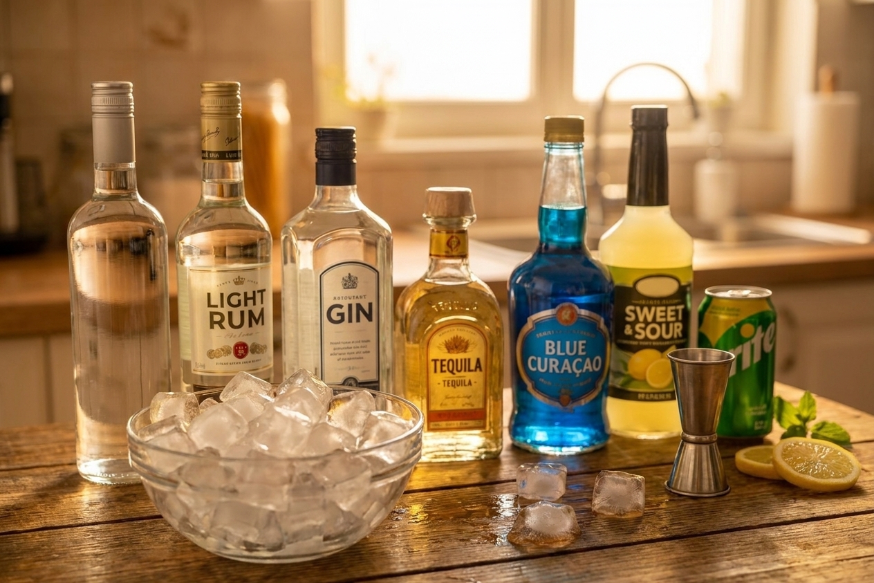 All AMF cocktail ingredients arranged on a kitchen counter including vodka, rum, gin, tequila, blue curaçao, sweet and sour mix, lemon lime soda, and a bowl of ice