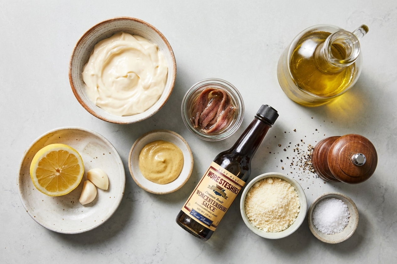 All Caesar dressing ingredients arranged on a kitchen counter, including mayonnaise, lemon, Dijon mustard, anchovy fillets, Worcestershire sauce, grated Parmesan, garlic, olive oil, black pepper, and salt