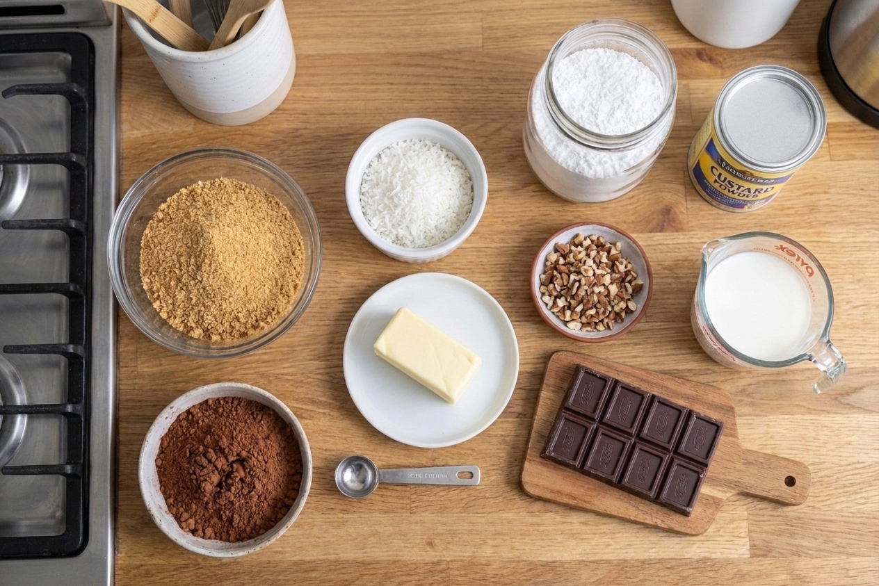 All Nanaimo bar ingredients arranged on a clean kitchen counter, including graham crumbs, shredded coconut, cocoa powder, chopped nuts, butter, powdered sugar, custard powder, milk, and chocolate