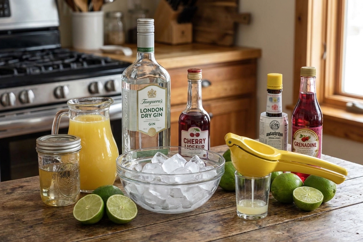 All Singapore Sling ingredients arranged on a kitchen counter including gin, cherry liqueur, pineapple juice, lime, simple syrup, grenadine, Angostura bitters, and ice