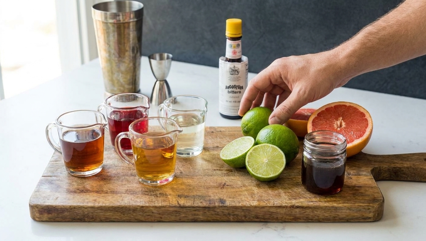 All Zombie cocktail ingredients arranged on a wooden cutting board, including rums, limes, grapefruit, cinnamon syrup, grenadine, and bitters on a bright kitchen counter