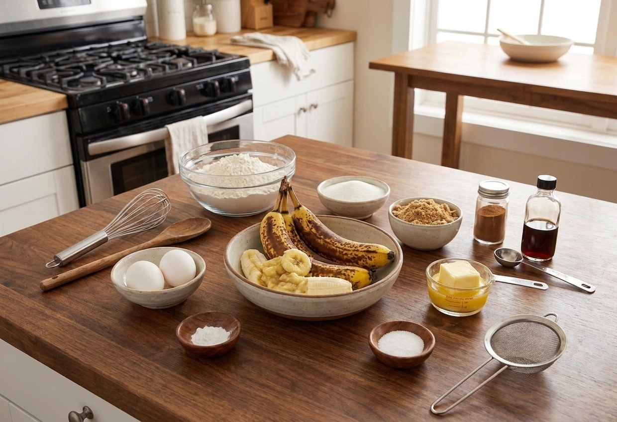 All banana bread ingredients arranged on a clean kitchen counter including ripe bananas, flour, sugar, eggs, butter, baking soda, salt, cinnamon, and vanilla