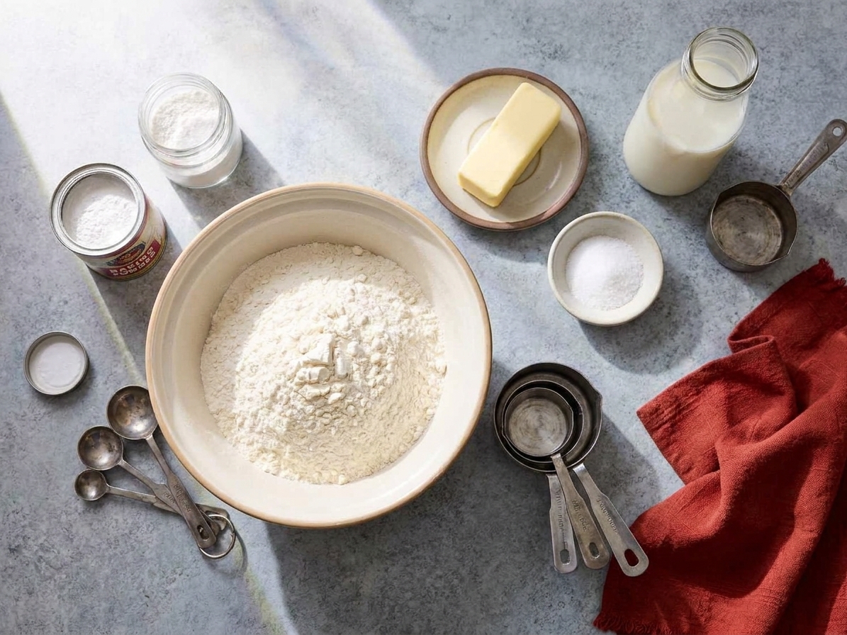 All bannock ingredients arranged on a light stone kitchen counter including flour, baking powder, salt, butter, and milk with measuring cups nearby, bright morning light