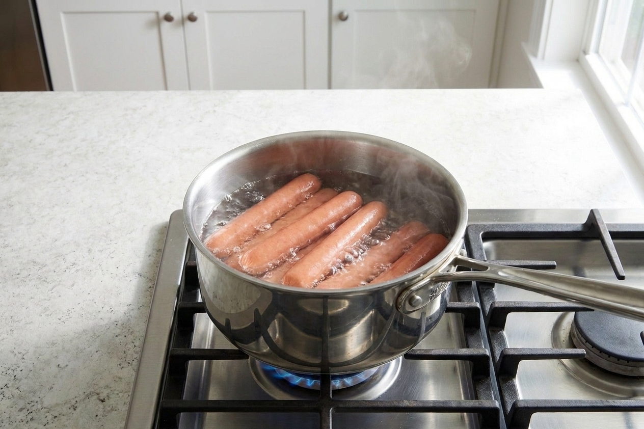All-beef hot dogs gently simmering in a saucepan on a stovetop with small bubbles in a home kitchen