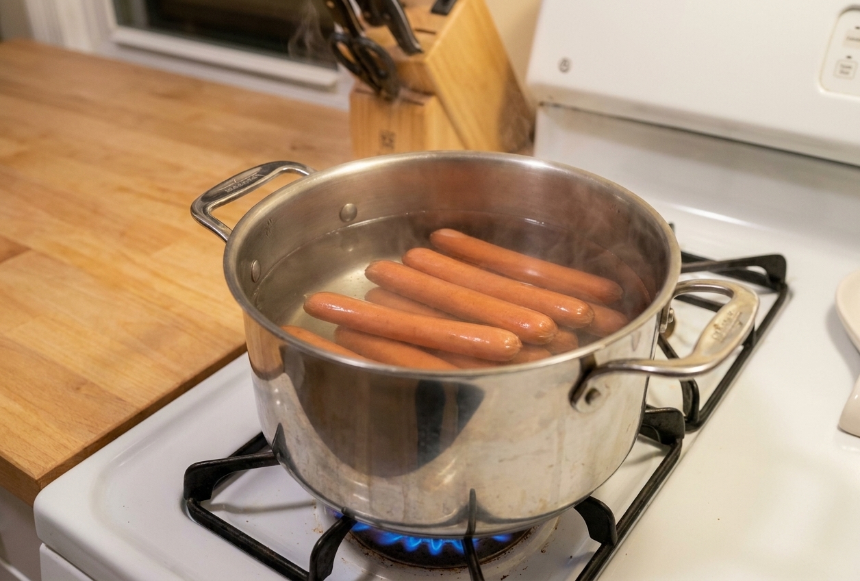 All-beef hot dogs warming in a pot of hot water on a stovetop with small wisps of steam