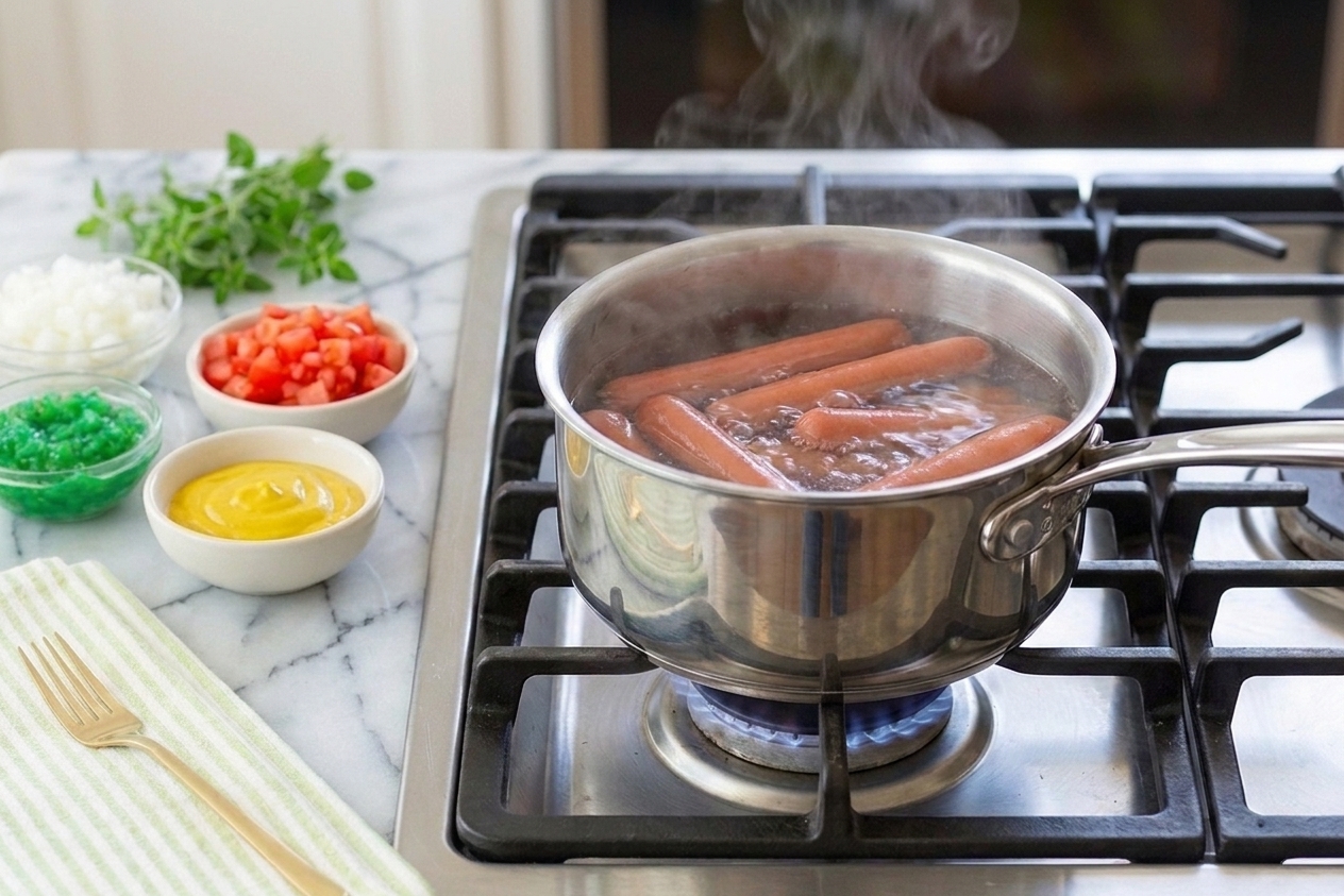 All-beef hot dogs warming in gently simmering water in a saucepan on a home stove