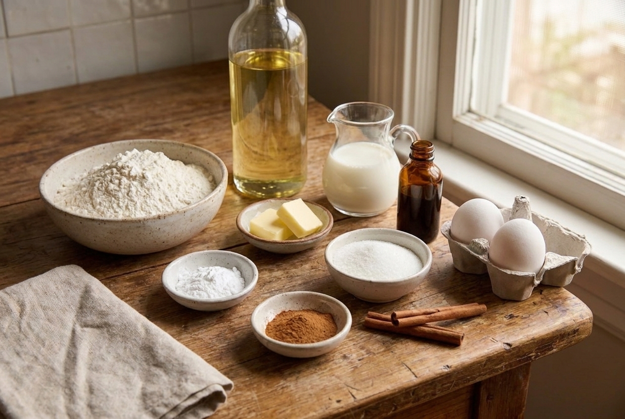 All buñuelos ingredients arranged on a clean kitchen counter: flour, baking powder, salt, sugar, cinnamon, butter, eggs, milk, vanilla, and a bottle of neutral oil