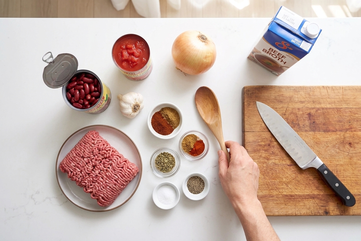 All chili ingredients arranged on a bright kitchen counter including ground beef, canned beans, canned tomatoes, onion, garlic, spices, and broth