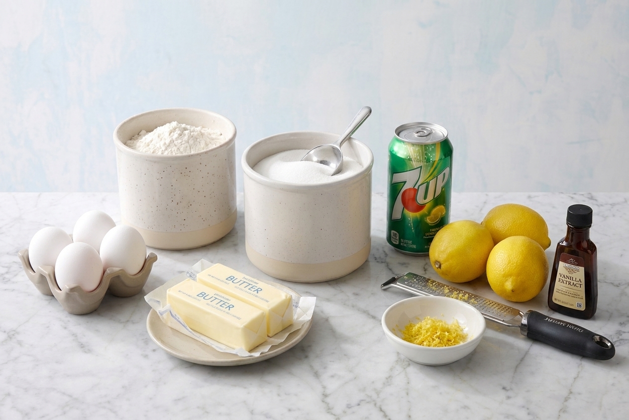 All ingredients for 7UP pound cake arranged on a clean kitchen counter including butter, sugar, eggs, flour, 7UP, lemons, and vanilla