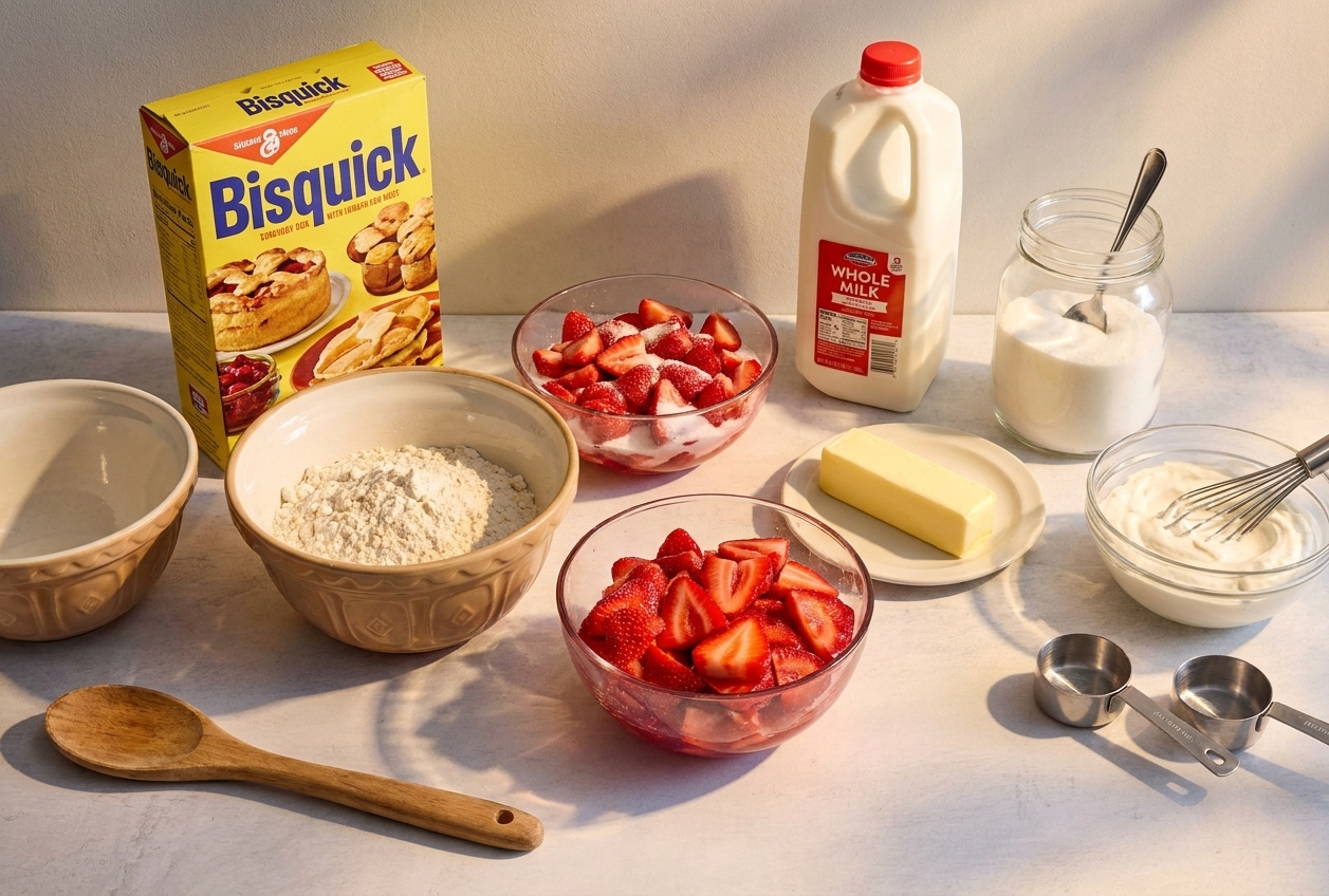 All ingredients for Bisquick strawberry shortcake arranged on a tidy kitchen counter, including Bisquick mix, a bowl of strawberries, sugar, cream, milk, and butter