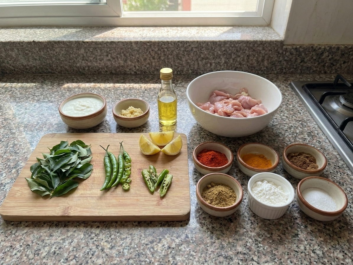 All ingredients for Chicken 65 arranged on a kitchen counter, including chicken pieces, yogurt, ginger garlic paste, spices, cornstarch, curry leaves, green chiles, lemon, and oil