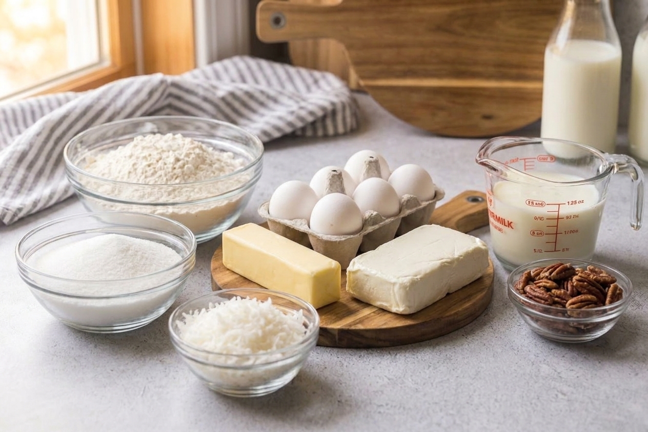 All ingredients for Italian cream cake measured on a clean kitchen counter, including flour, sugar, butter, eggs, buttermilk, shredded coconut, pecans, and cream cheese