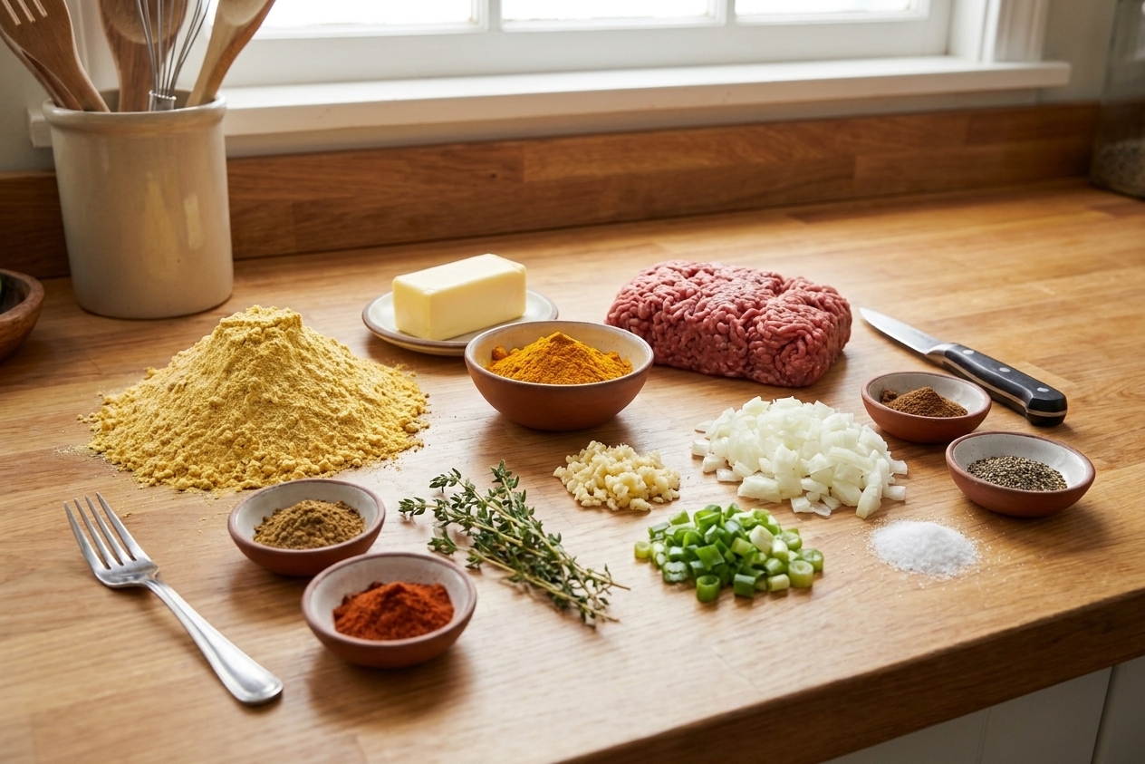All ingredients for Jamaican beef patties arranged on a clean kitchen counter, including flour, butter, turmeric, ground beef, onions, garlic, thyme, scallions, and spices in small bowls