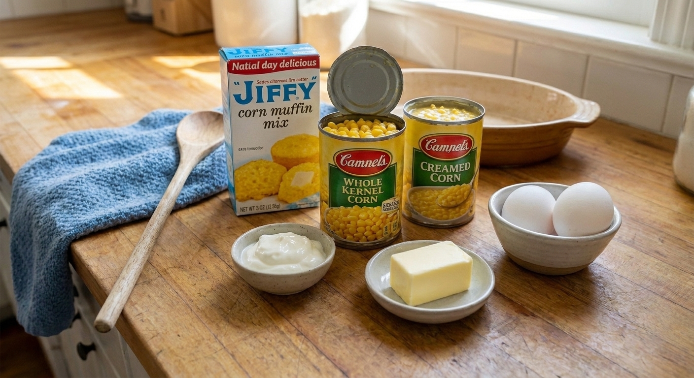 All ingredients for Jiffy corn pudding arranged on a kitchen counter, including Jiffy corn muffin mix, canned corn, creamed corn, sour cream, butter, and eggs