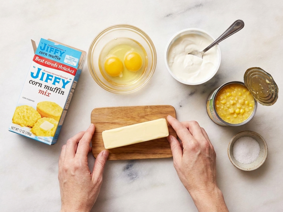 All ingredients for Jiffy corn pudding arranged on a clean kitchen counter, including Jiffy mix, eggs, sour cream, butter, canned corn, creamed corn, and salt