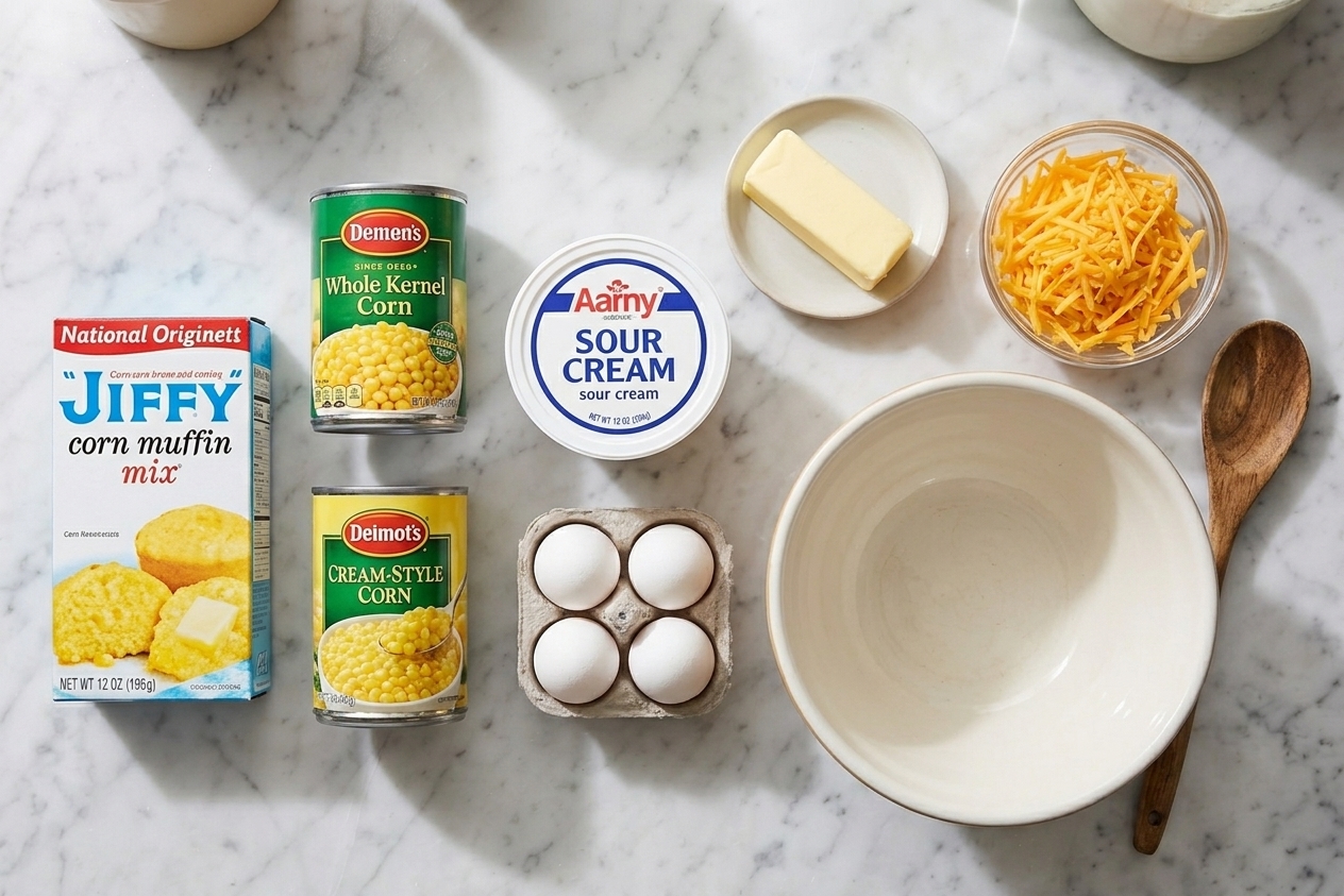 All ingredients for Jiffy cornbread casserole arranged on a bright kitchen counter, including Jiffy mix, canned corn, sour cream, eggs, butter, and shredded cheddar