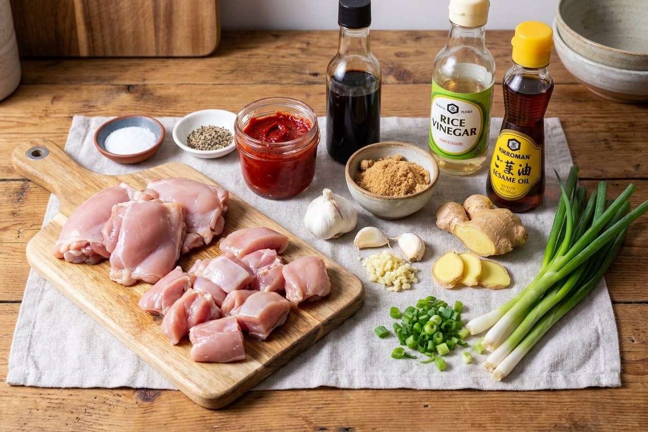 All ingredients for Korean BBQ chicken arranged on a kitchen counter including chicken thighs, gochujang, soy sauce, brown sugar, garlic, ginger, rice vinegar, sesame oil, and green onions