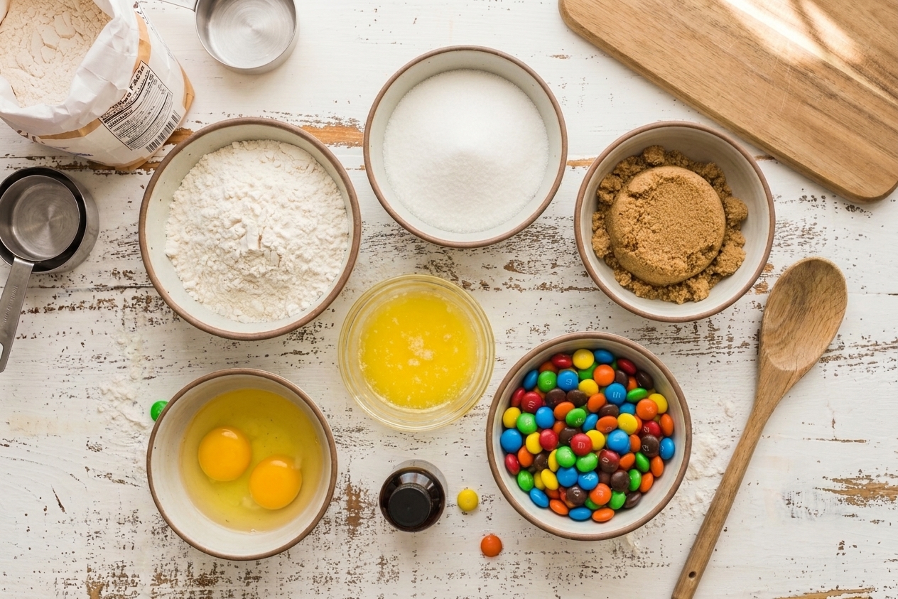 All ingredients for M&M cookies arranged on a kitchen counter, including bowls of flour and sugars, melted butter, eggs, vanilla, and a bowl of colorful M&Ms