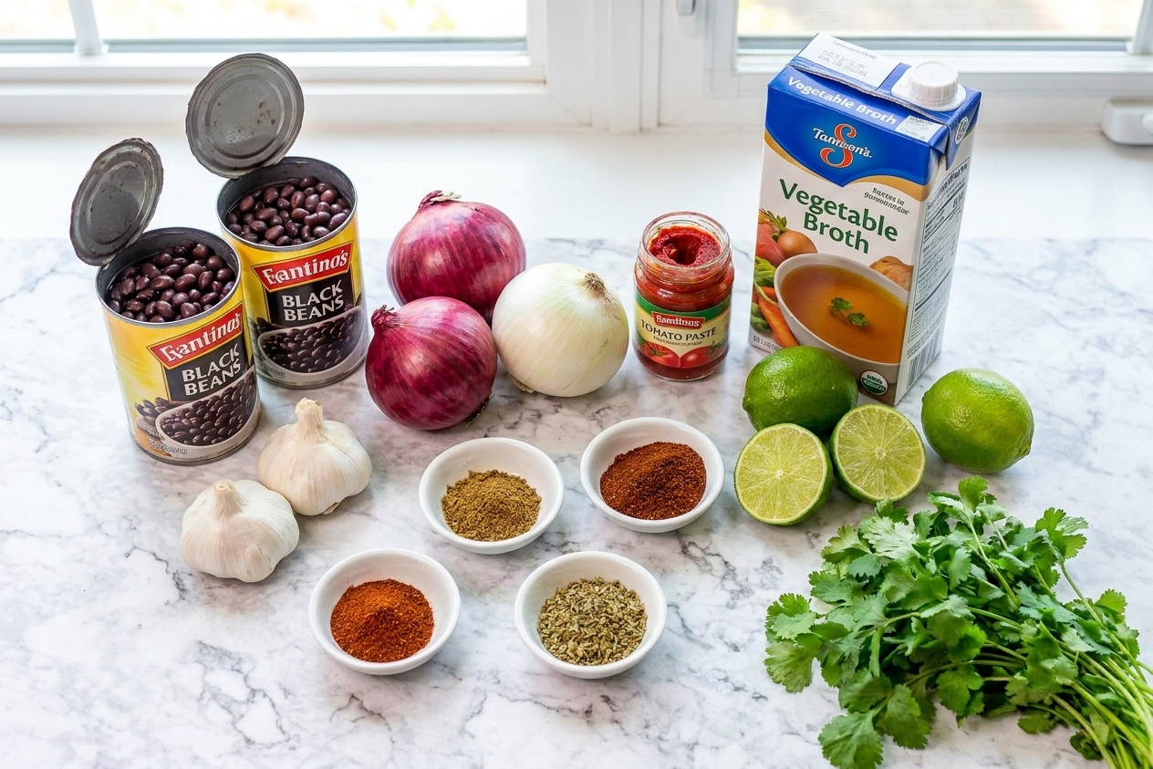 All ingredients for Mexican black beans arranged on a kitchen counter, including onions, garlic, spices, canned black beans, broth, tomato paste, lime, and cilantro