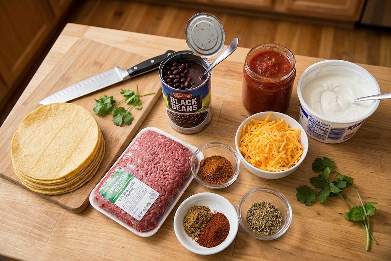 All ingredients for Mexican casserole arranged on a kitchen counter, including tortillas, ground beef, canned beans, salsa, shredded cheese, sour cream, and spices