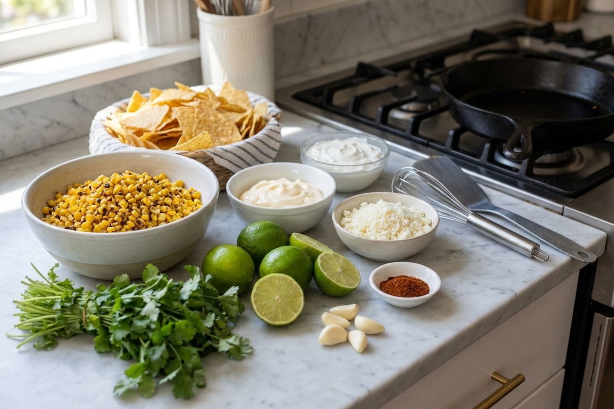 All ingredients for Mexican street corn dip arranged on a kitchen counter, including corn, mayonnaise, sour cream, cotija cheese, limes, cilantro, garlic, chili powder, and tortilla chips