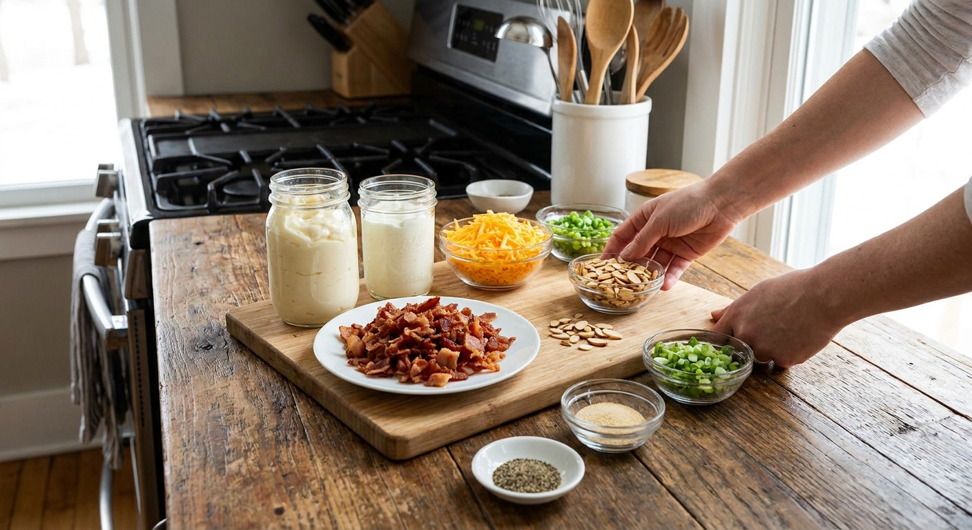 All ingredients for Million Dollar Dip arranged on a kitchen counter, including mayonnaise, sour cream, shredded cheddar, cooked bacon, sliced green onions, toasted slivered almonds, garlic powder, and black pepper