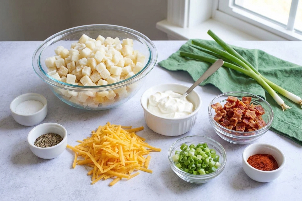 All ingredients for Mississippi mud potatoes laid out on a bright kitchen counter including frozen diced potatoes, shredded cheddar, sour cream, bacon, green onions, and seasonings