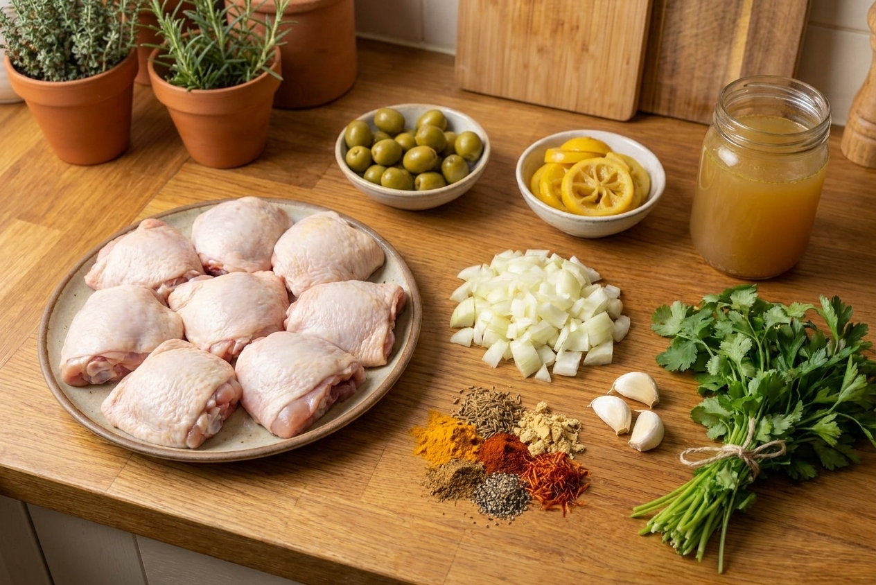 All ingredients for Moroccan chicken laid out on a neutral kitchen counter, including chicken thighs, onions, garlic, spices, olives, preserved lemon, broth, and fresh herbs