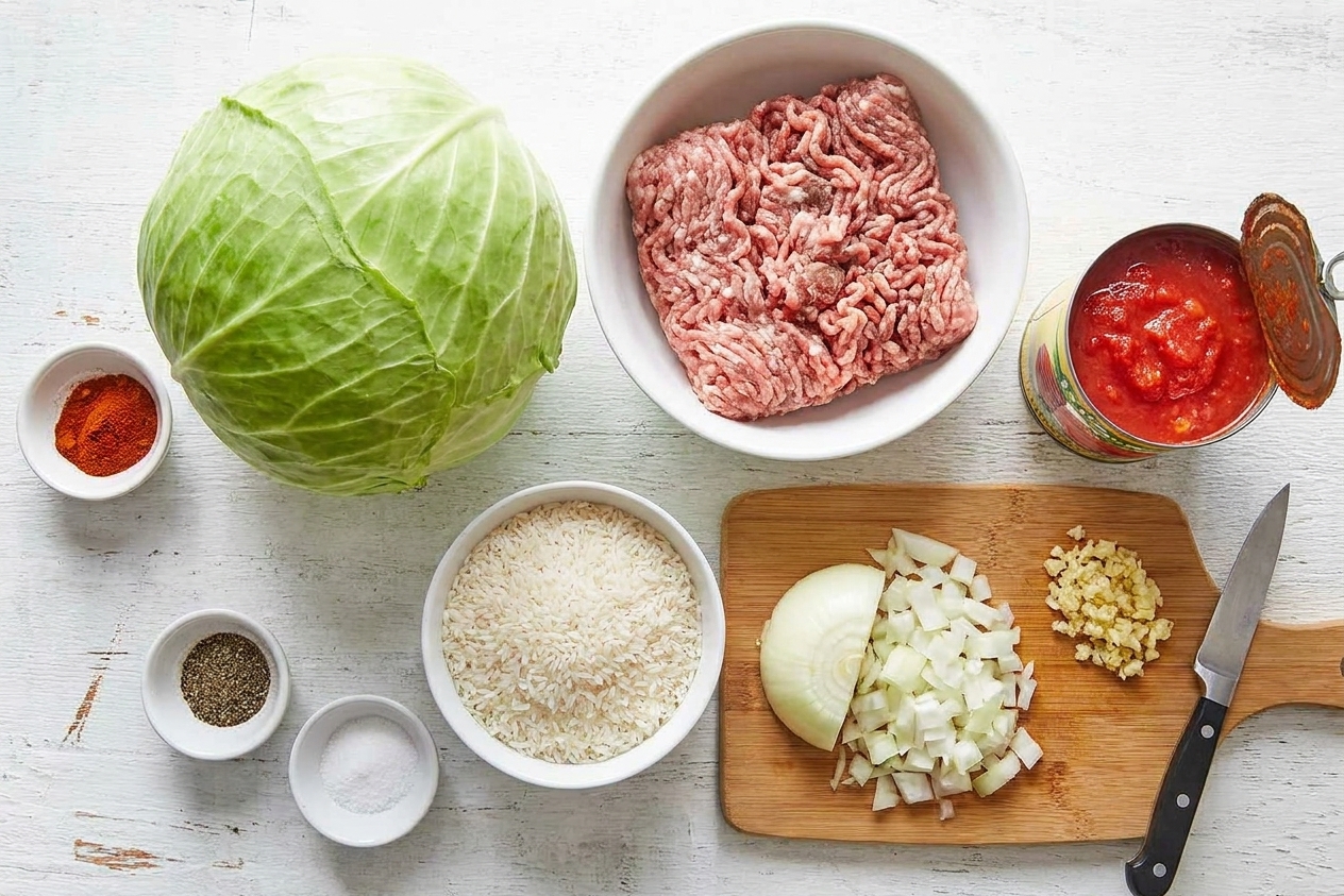 All ingredients for Polish stuffed cabbage arranged on a bright kitchen counter, including green cabbage, ground meat, rice, onions, garlic, canned tomatoes, and spices