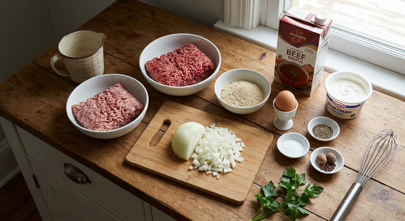 All ingredients for Swedish meatballs and gravy arranged together, including ground beef, ground pork, onion, breadcrumbs, egg, broth, sour cream, and spices