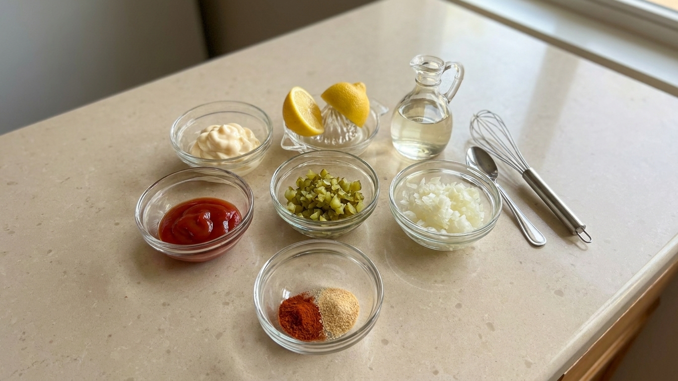 All ingredients for Thousand Island dressing arranged on a bright kitchen counter including mayonnaise, ketchup, pickles, onion, lemon, vinegar, and spices in small bowls