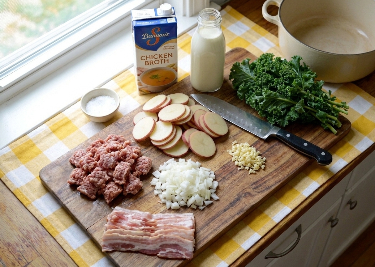 All ingredients for Zuppa Toscana arranged on a bright kitchen counter including Italian sausage, potatoes, kale, onion, garlic, bacon, chicken broth, and cream