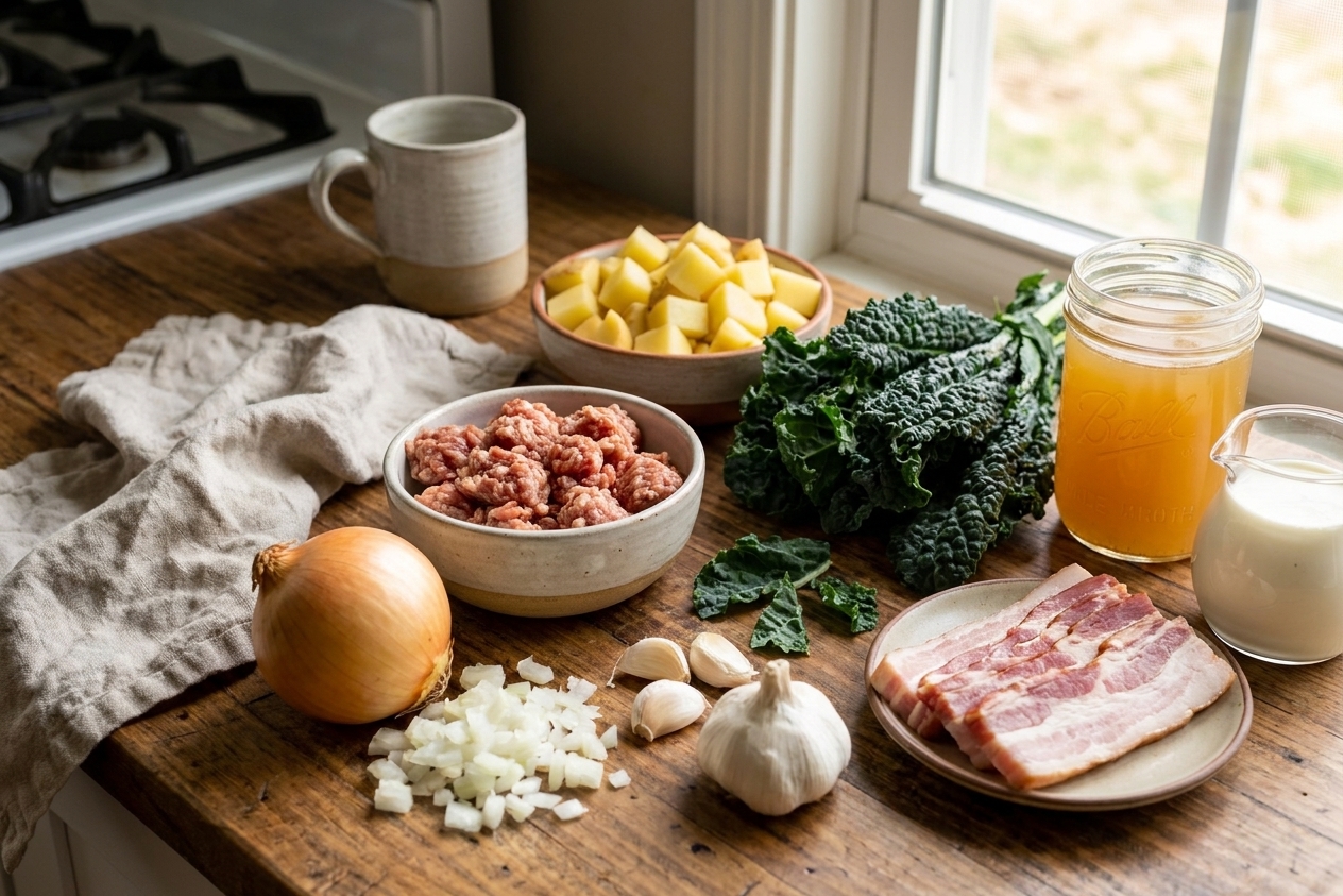 All ingredients for Zuppa Toscana arranged on a bright kitchen counter including Italian sausage, potatoes, kale, onion, garlic, bacon, broth, and cream