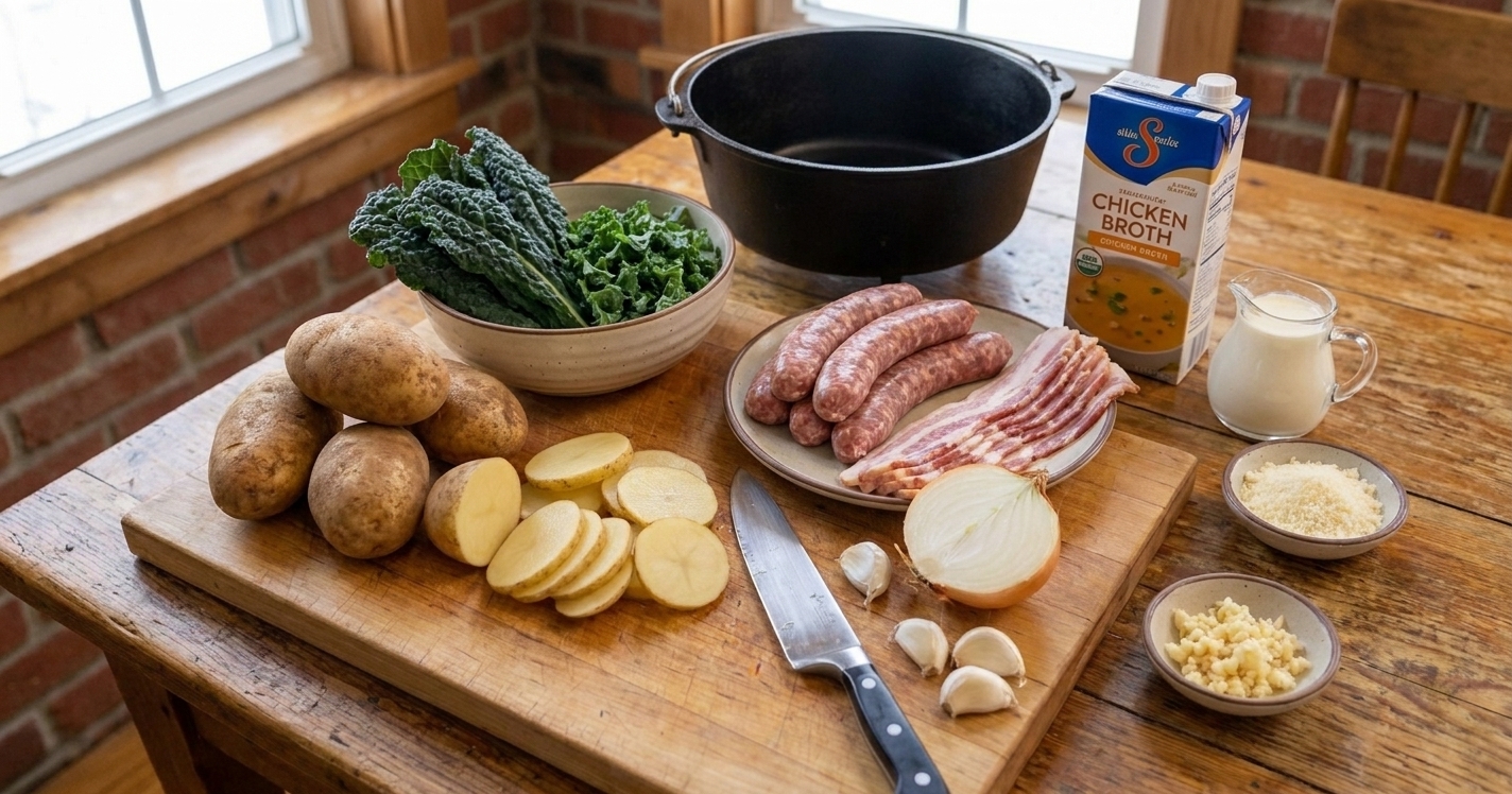 All ingredients for Zuppa Toscana laid out on a bright kitchen counter including Italian sausage, potatoes, kale, onion, garlic, chicken broth, cream, and bacon