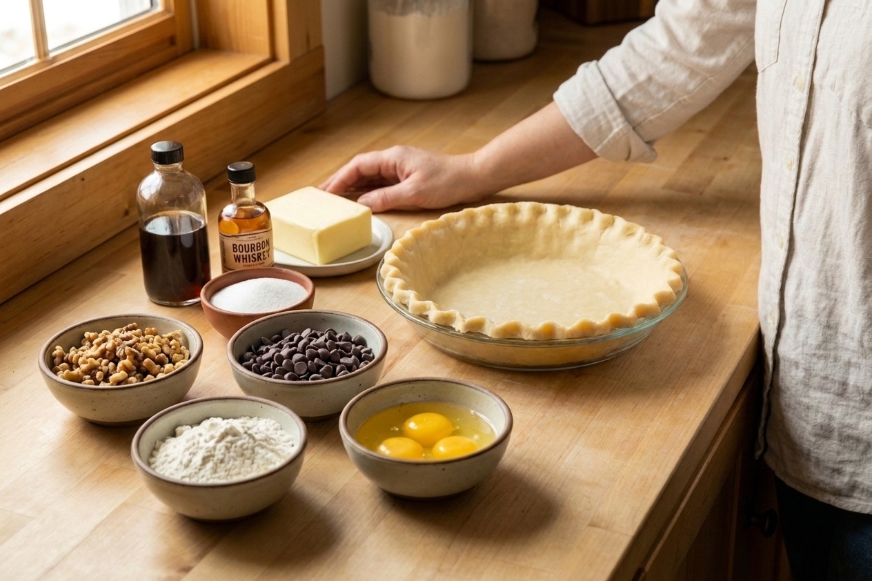 All ingredients for a Kentucky Derby-style pie arranged on a light kitchen counter with a pie crust ready in a pie dish