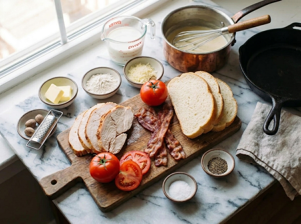 All ingredients for a Kentucky Hot Brown arranged on a kitchen counter: sliced turkey, bacon, tomatoes, bread, butter, flour, milk, Parmesan, nutmeg, and seasonings in small bowls with bright natural light