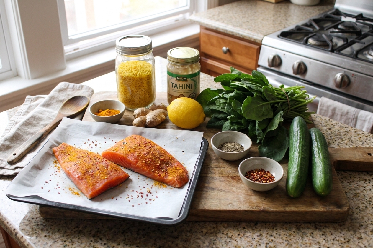 All ingredients for a salmon bowl laid out on a bright kitchen counter including salmon fillets, rice, turmeric, ginger, lemon, tahini, spinach, and cucumbers