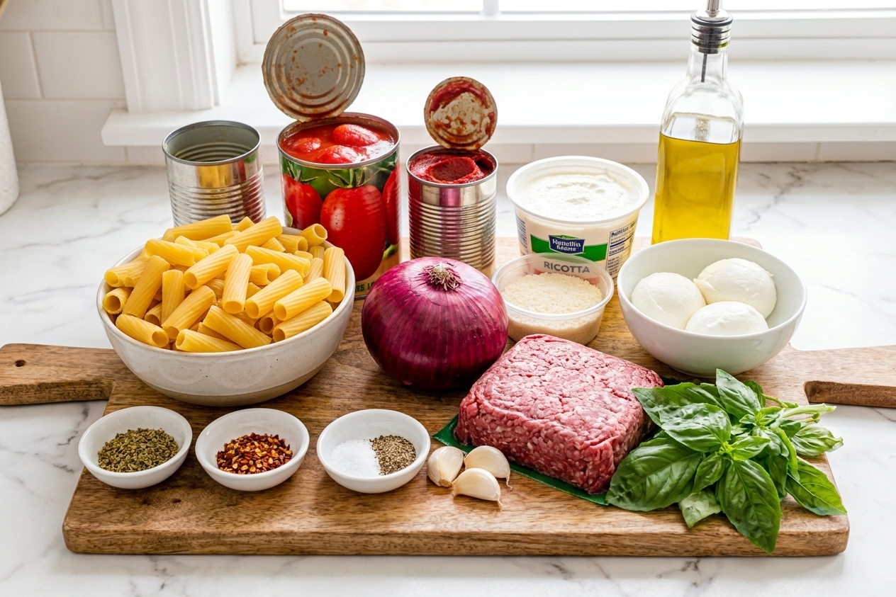 All ingredients for baked rigatoni arranged on a light kitchen counter: rigatoni, canned tomatoes, onion, garlic, ground beef, ricotta, mozzarella, parmesan, basil, olive oil, and spices
