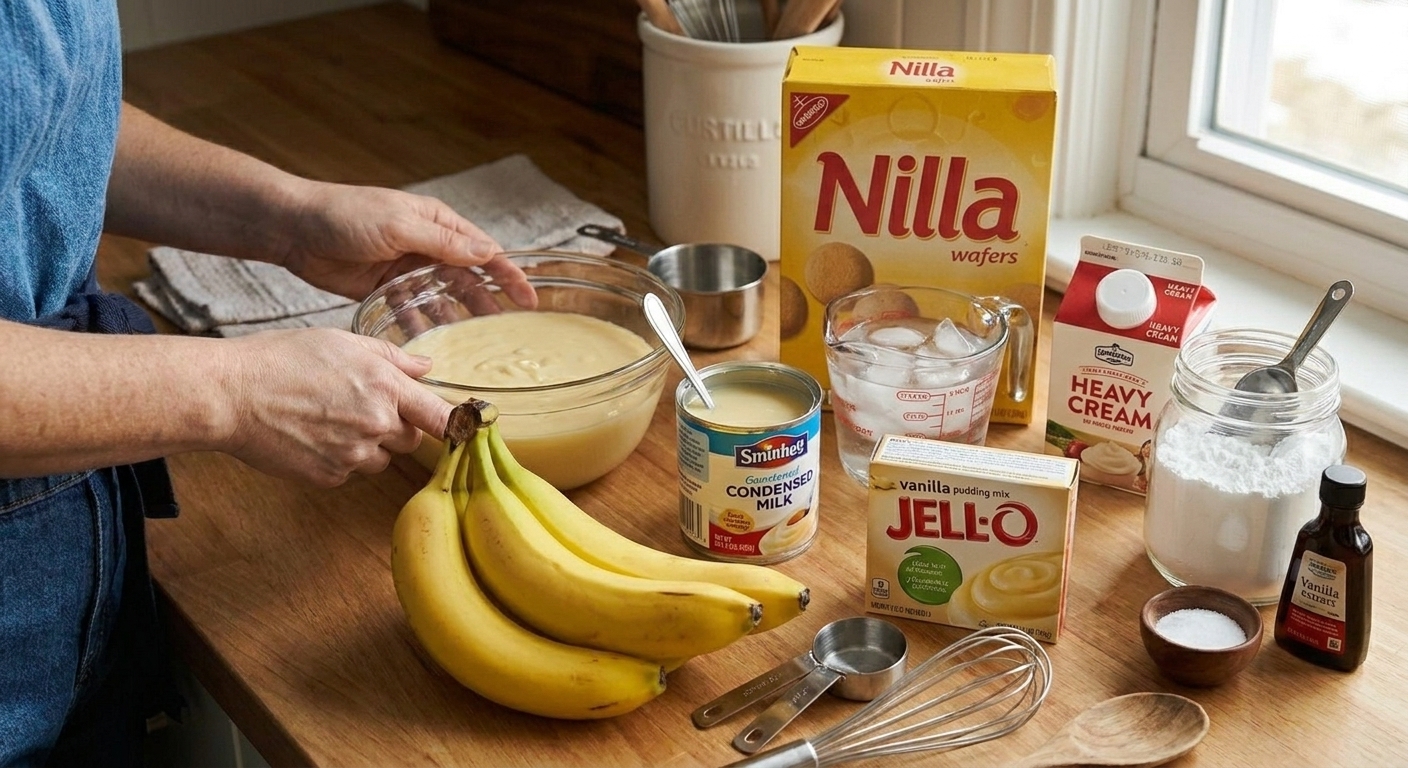 All ingredients for banana pudding arranged on a kitchen counter including bananas, vanilla wafers, sweetened condensed milk, instant vanilla pudding mix, ice water, heavy cream, powdered sugar, vanilla extract, and salt