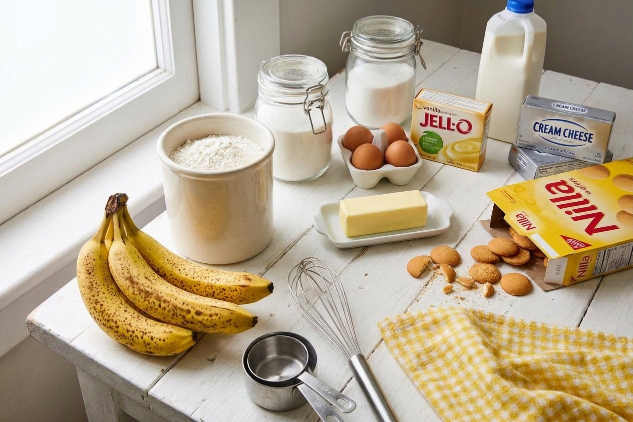All ingredients for banana pudding cake arranged on a clean kitchen counter, including ripe bananas, flour, sugar, eggs, butter, vanilla pudding mix, milk, cream cheese, and Nilla wafers