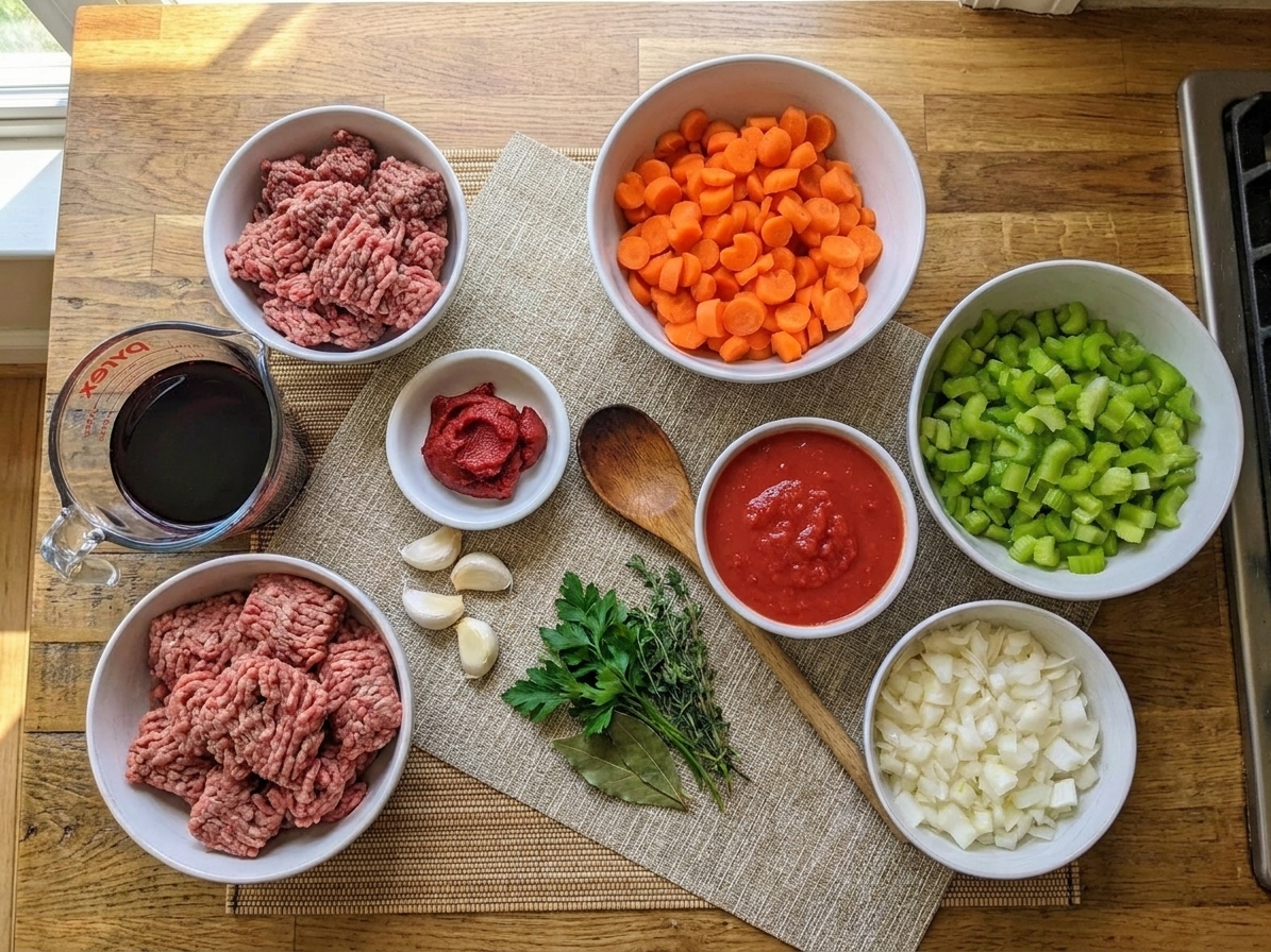 All ingredients for beef ragu arranged on a kitchen counter including ground beef, onion, carrots, celery, garlic, tomato paste, crushed tomatoes, red wine, and herbs